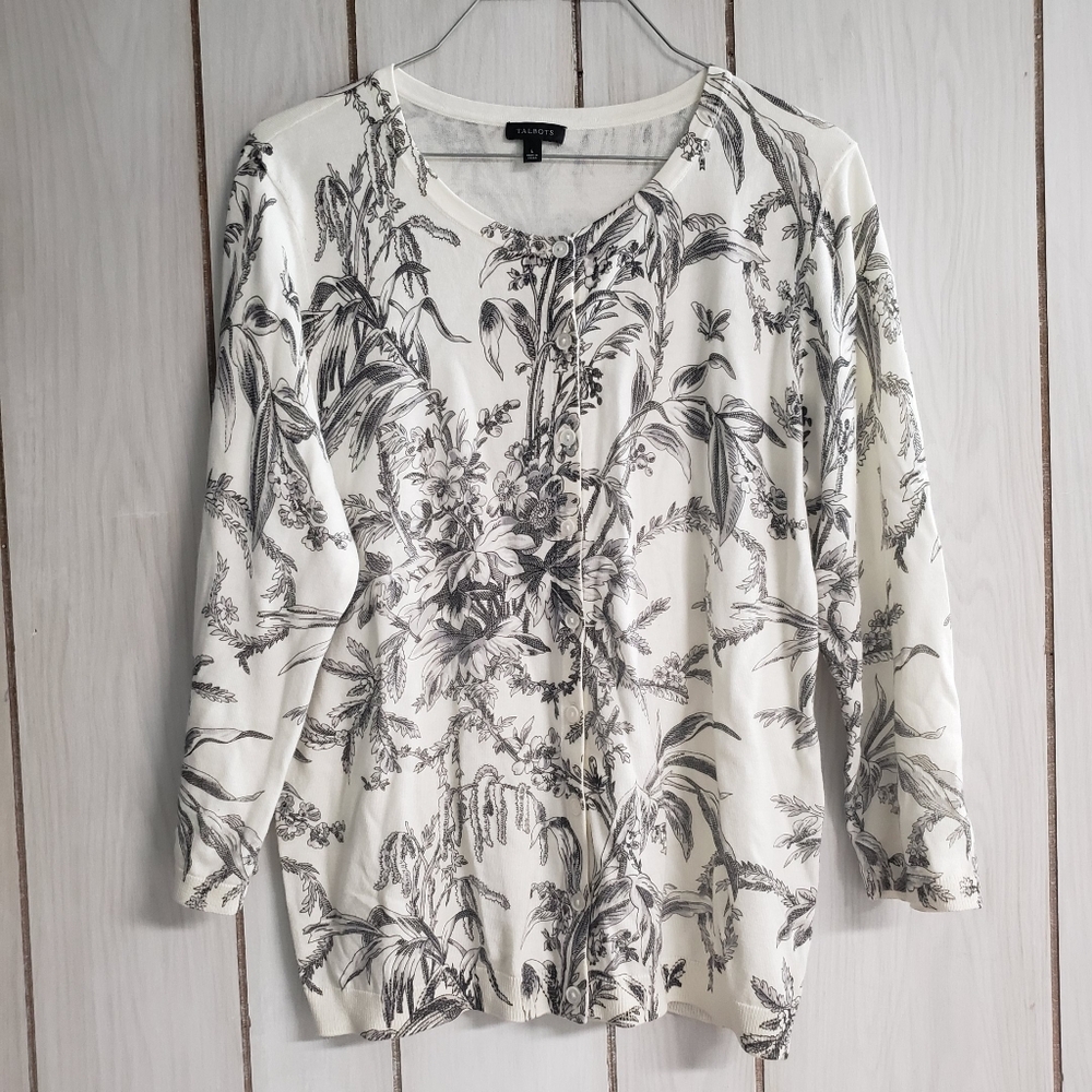 Talbots Charmin Cardigan Etched Toile Cream and Black Floral Design 3/4 Sleeves